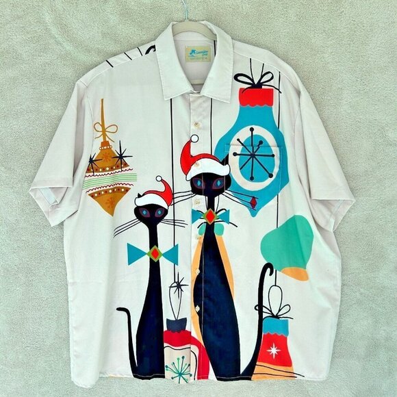 Hawaiian Other - Hawaiian Christmas Retro Cats Short Sleeve Shirt Atomic Mod MCM Siamese Mens 4XL